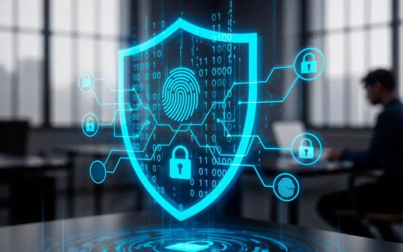 A digital shield symbolizing system protection