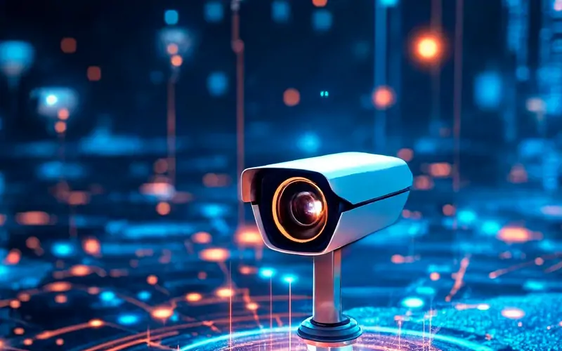 A surveillance camera against a digital circuit background