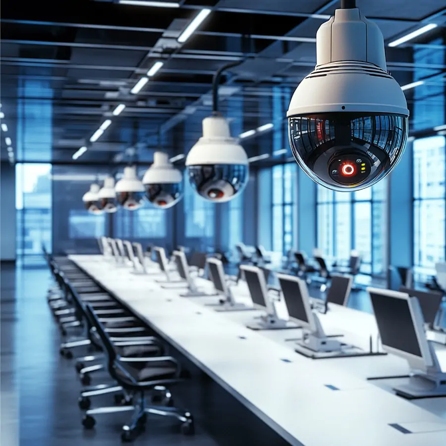 Dome surveillance cameras mounted on an office ceiling